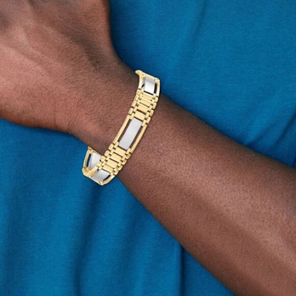 Brand New 14K Two-tone Polished and Satin Men's Bracelet - Picture 4 of 6